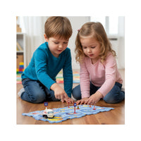 Young boy and girl playing with a space-themed puzzle track set and toy airplane on a wooden floor.