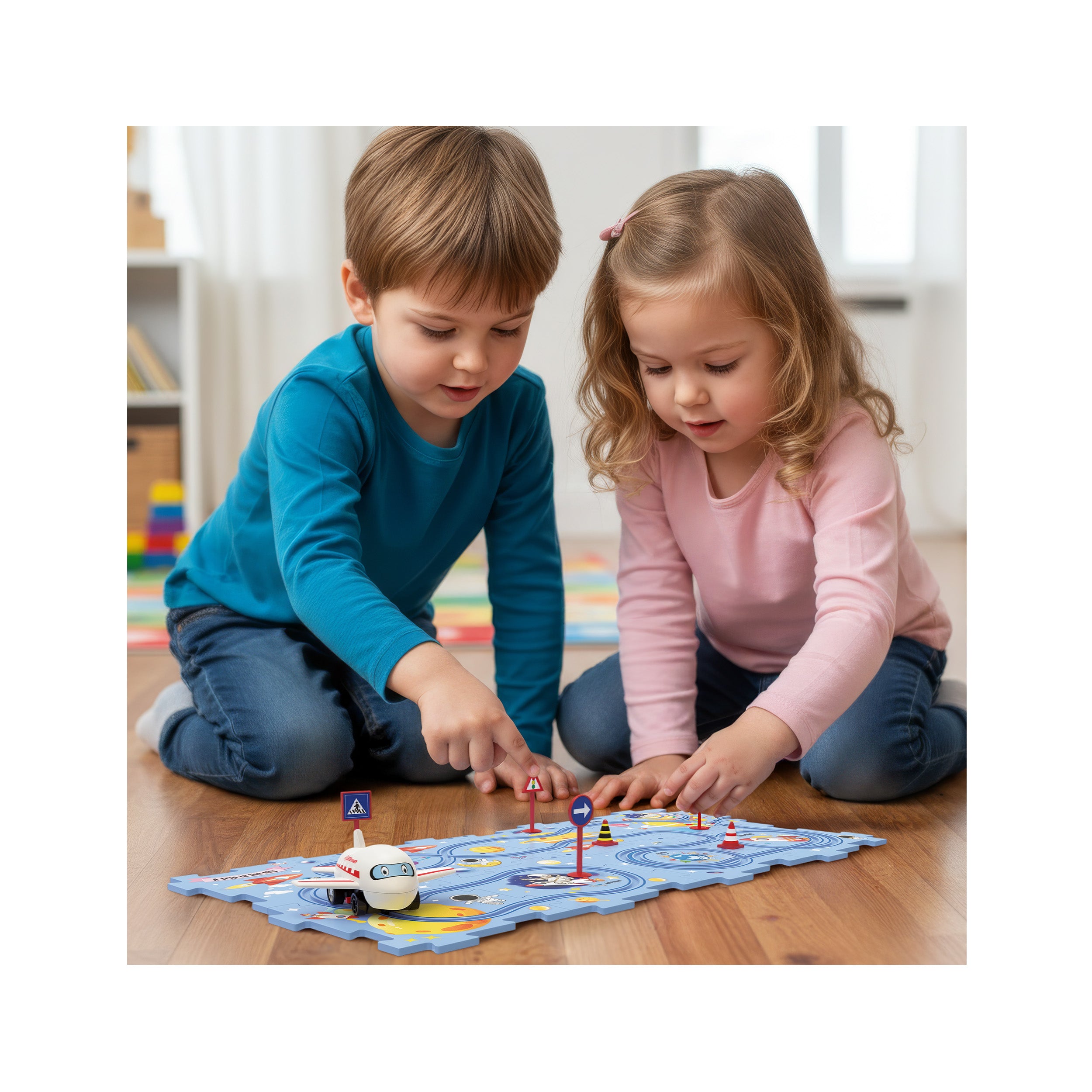 Young boy and girl playing with a space-themed puzzle track set and toy airplane on a wooden floor.