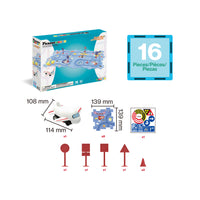 Product image showing 16-piece space track set box, component dimensions for toy airplane and puzzle piece, and accessories.