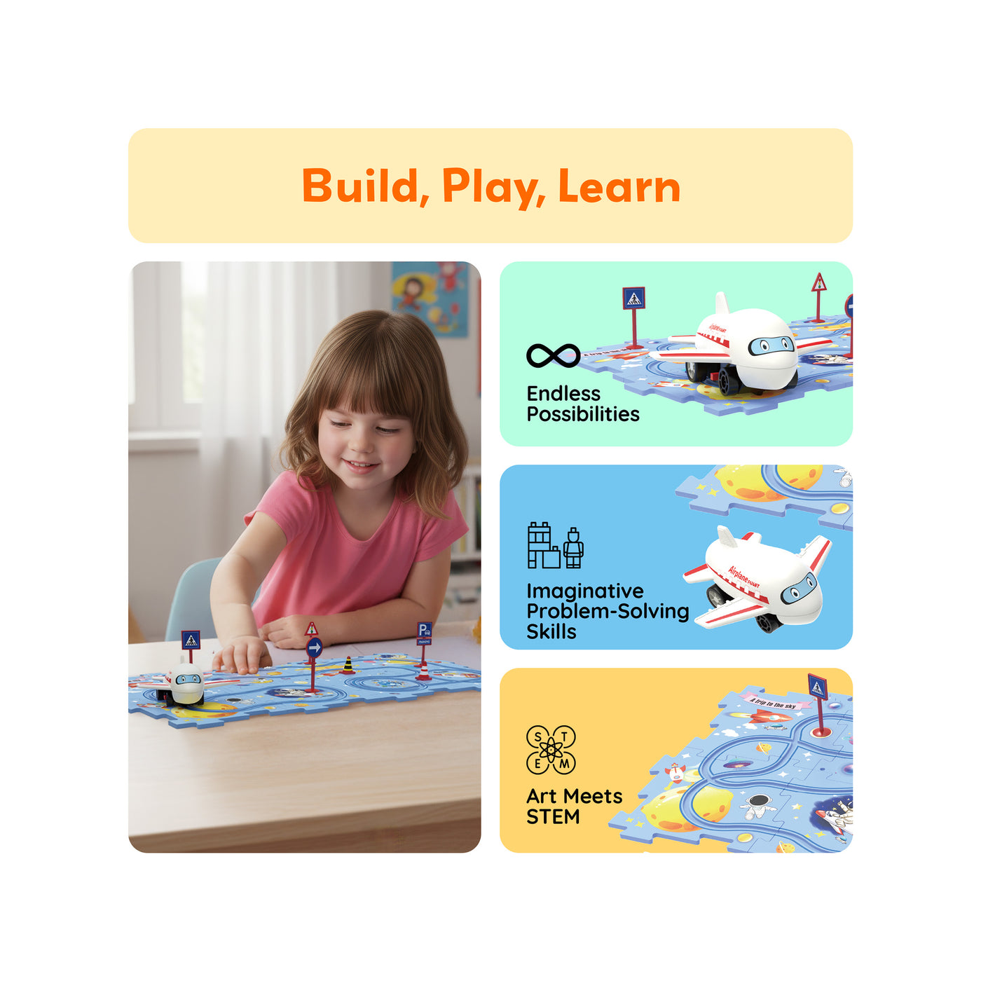 Girl playing with airplane puzzle set, beside panels reading "Endless Possibilities", "Problem-Solving", and "Art Meets STEM".