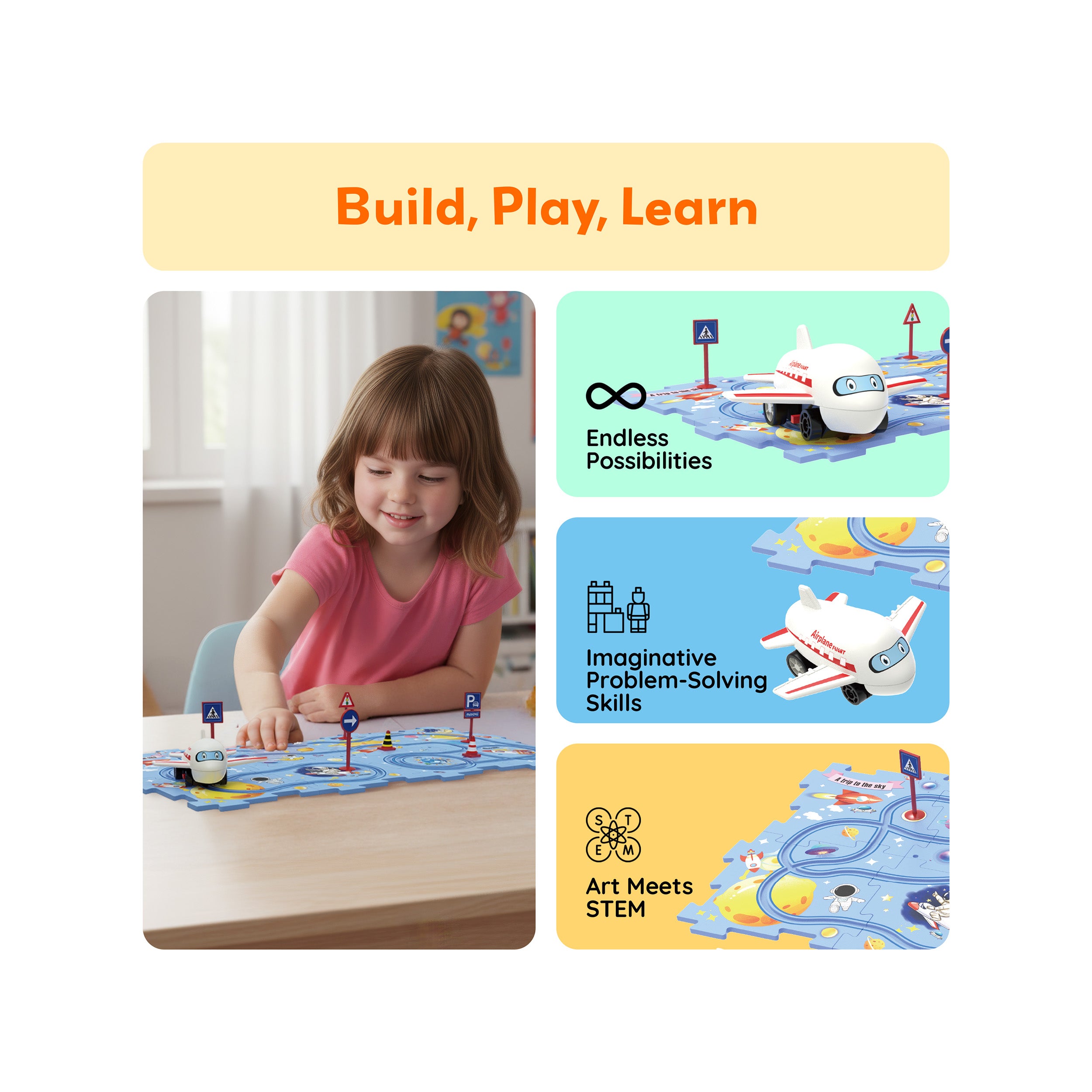 Girl playing with airplane puzzle set, beside panels reading "Endless Possibilities", "Problem-Solving", and "Art Meets STEM".
