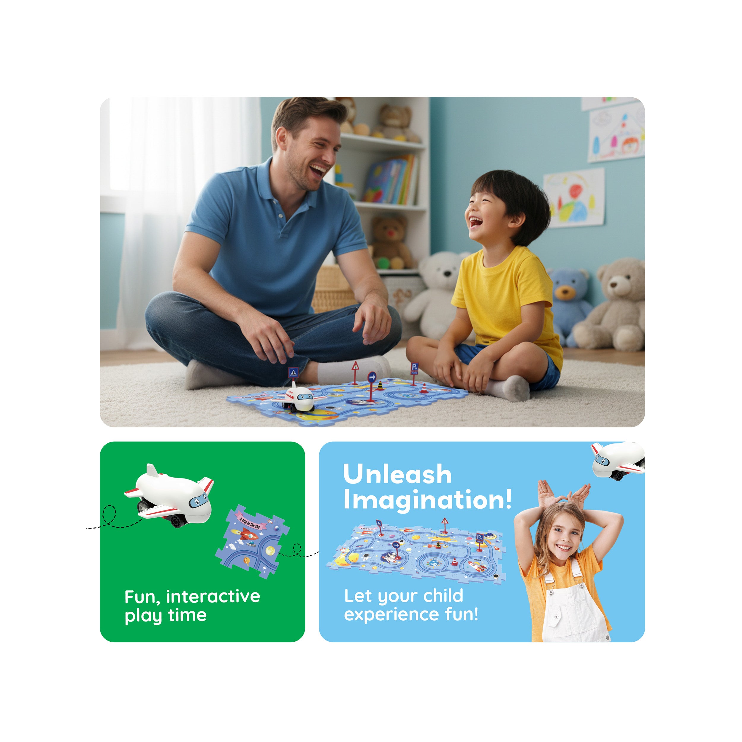 Father and child laughing while playing with a space puzzle track set, above graphic panels reading "Unleash Imagination!".