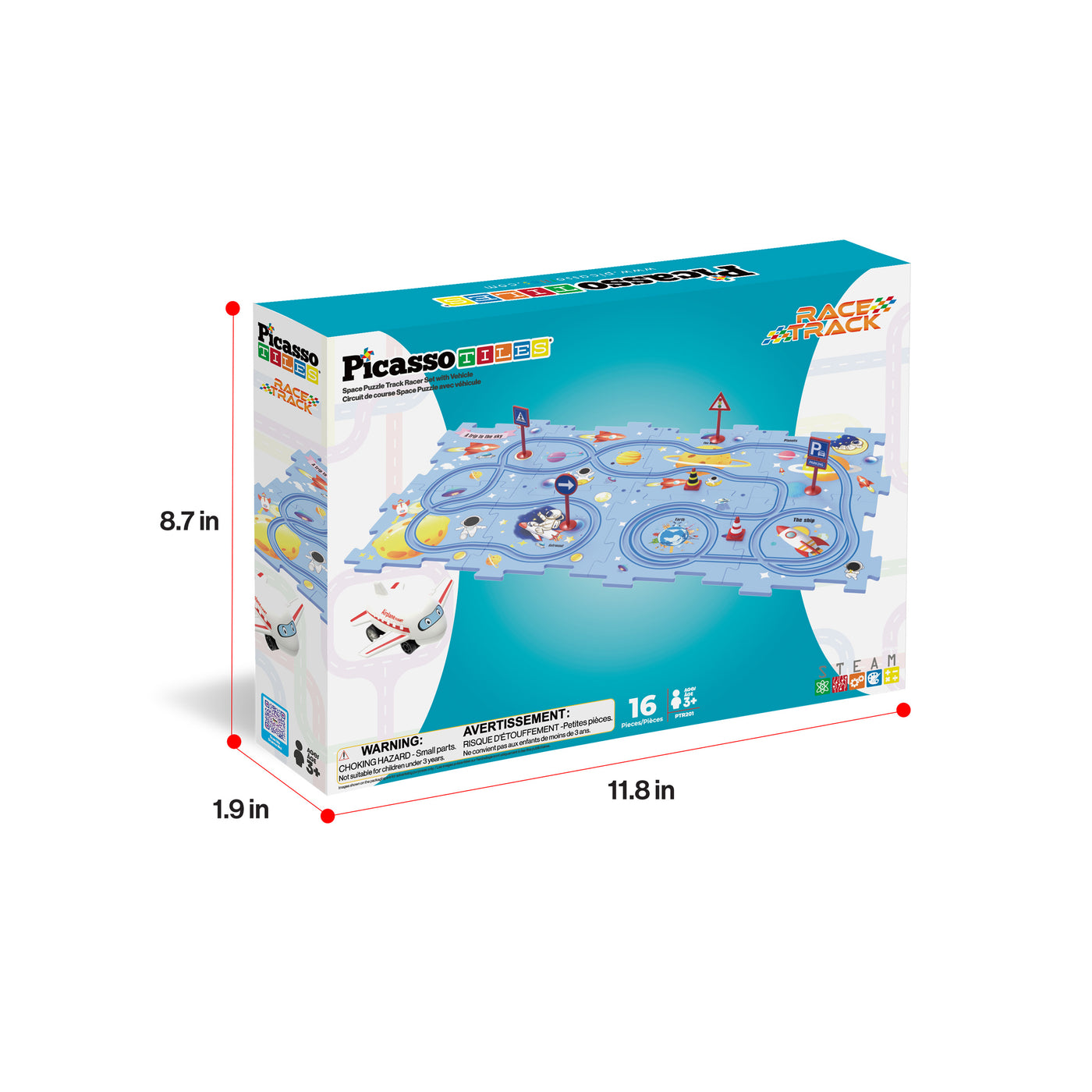 PicassoTiles space track set box showing dimensions: 8.7 in height, 11.8 in length, and 1.9 in width.
