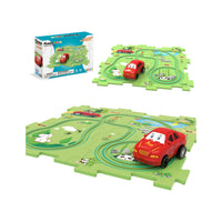 PicassoTiles red car puzzle track toy set featuring a green puzzle mat, red toy car, and packaging box.