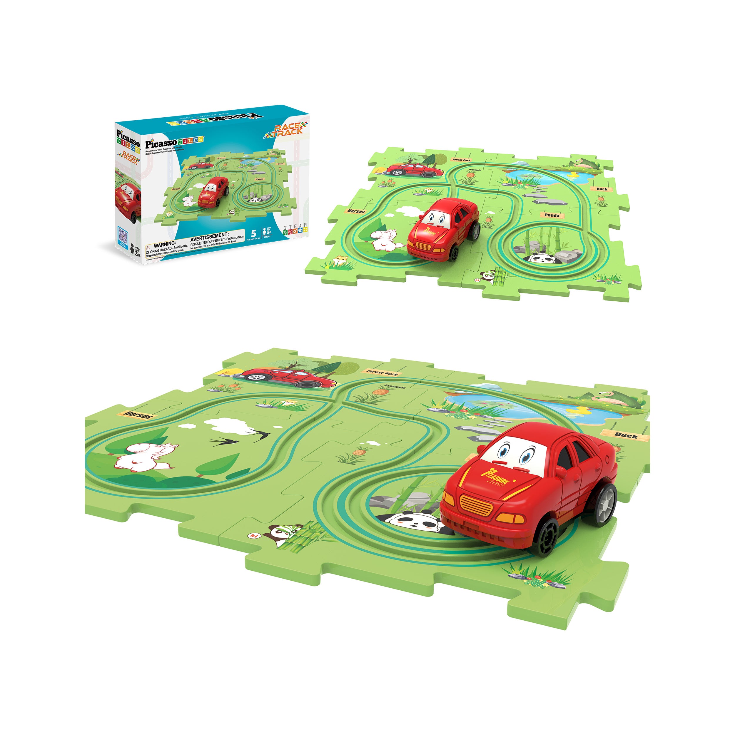 PicassoTiles red car puzzle track toy set featuring a green puzzle mat, red toy car, and packaging box.
