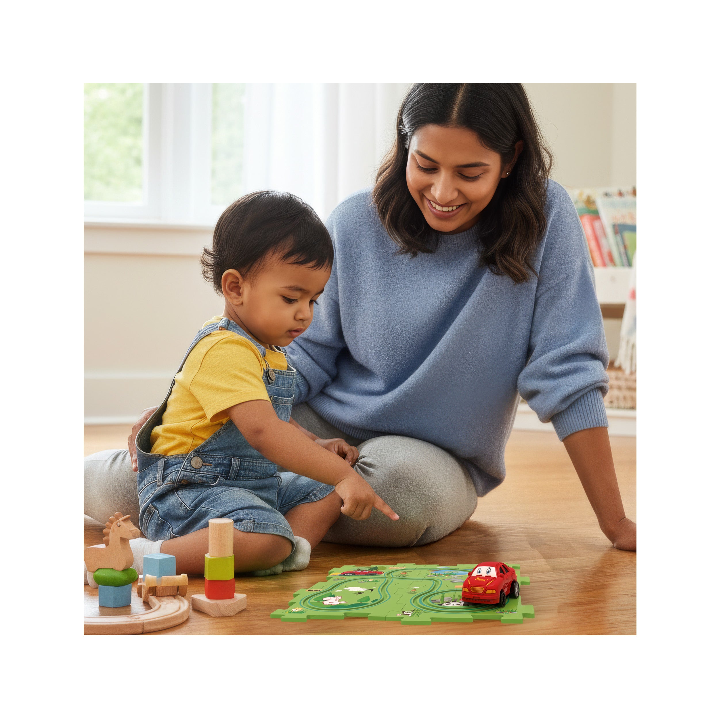 Mother watching a toddler in denim overalls point to a red car on a green puzzle track set on the floor.