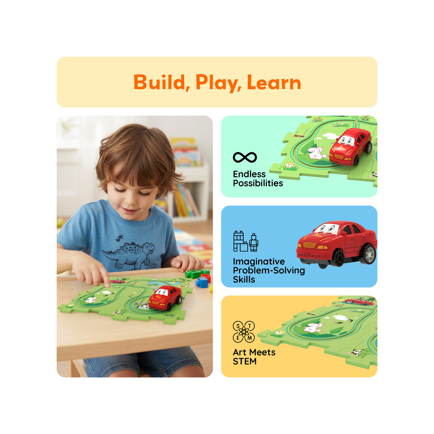 Young boy playing with a red car puzzle track set beside feature panels highlighting STEM and problem-solving skills.