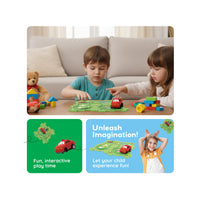 Two children playing with a red car puzzle track set, above graphic panels reading "Unleash Imagination!".