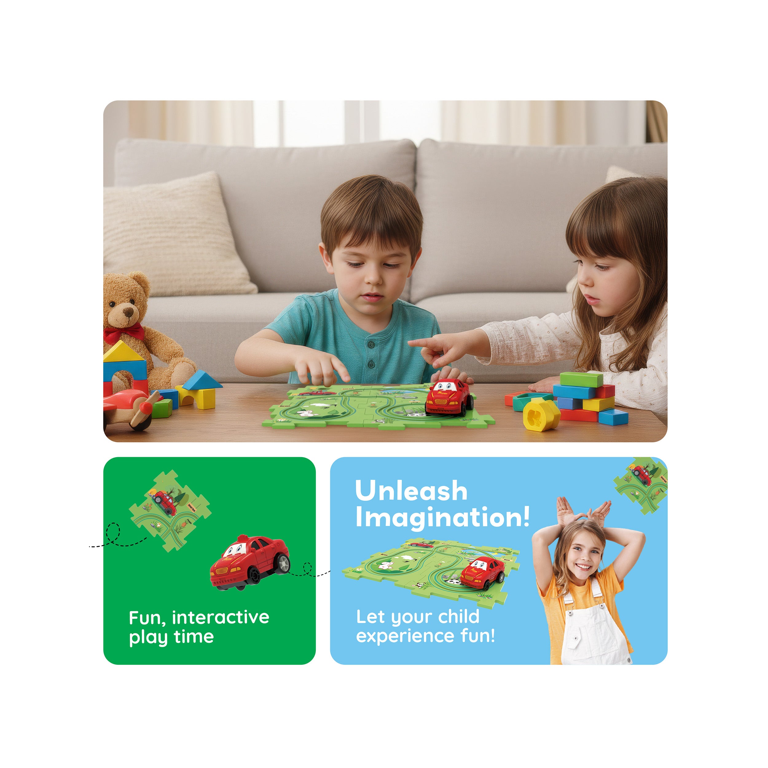 Two children playing with a red car puzzle track set, above graphic panels reading "Unleash Imagination!".