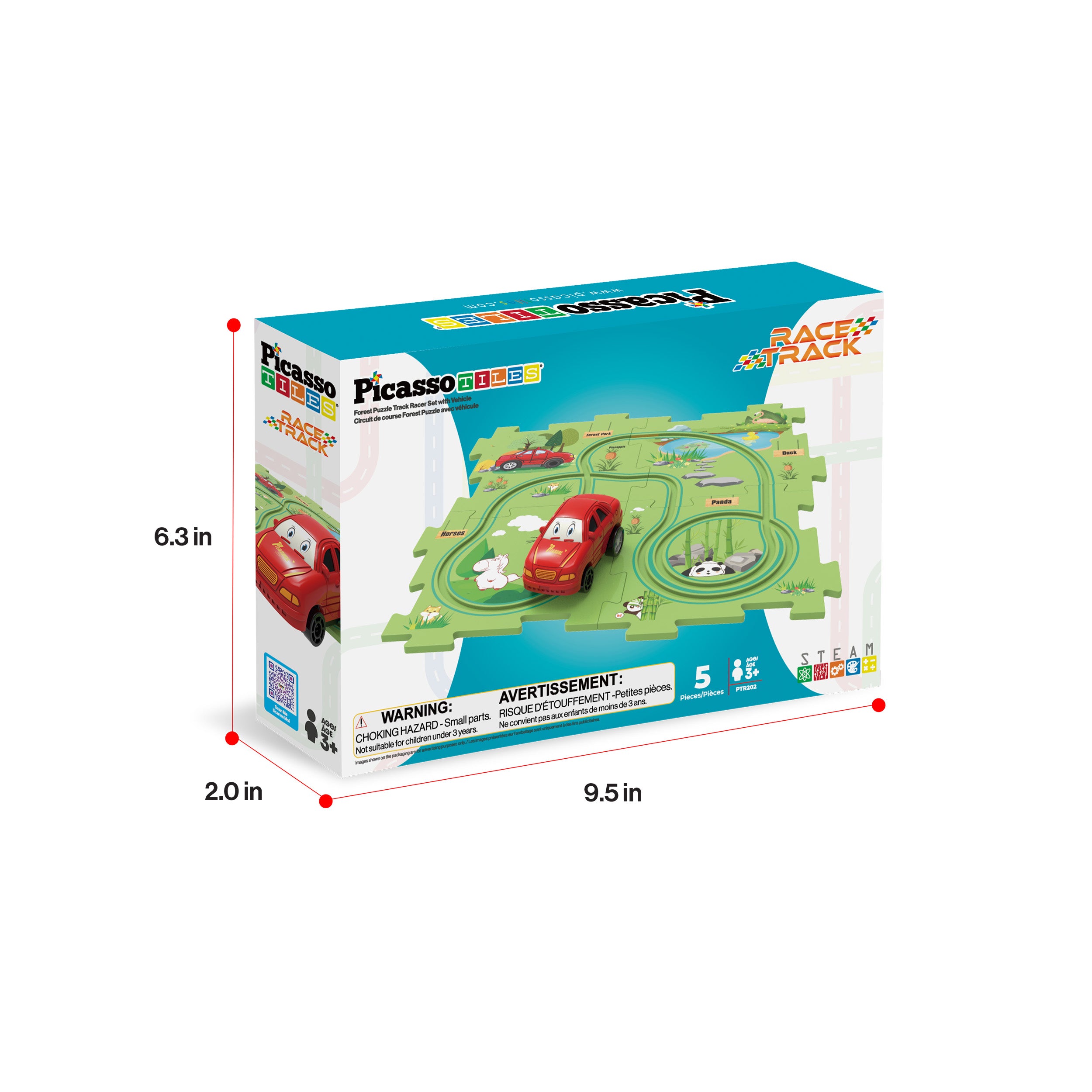 PicassoTiles red car track set box showing dimensions: 6.3 in height, 9.5 in length, and 2.0 in width.