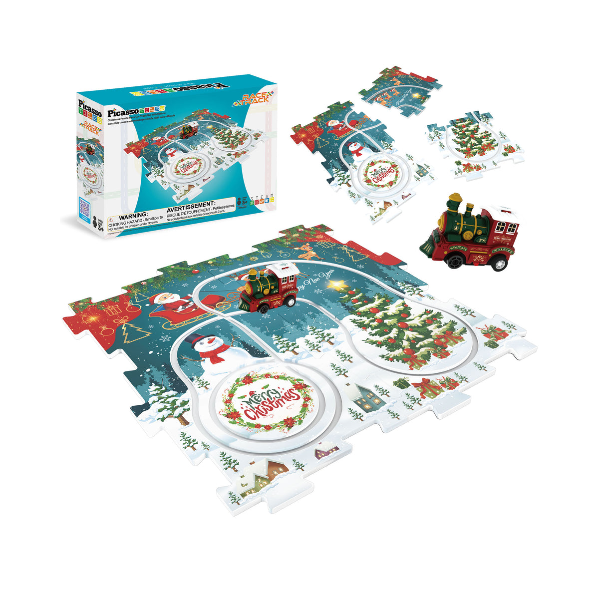 PicassoTiles Christmas train puzzle track set with toy train engine and holiday floor mat packaging.   
