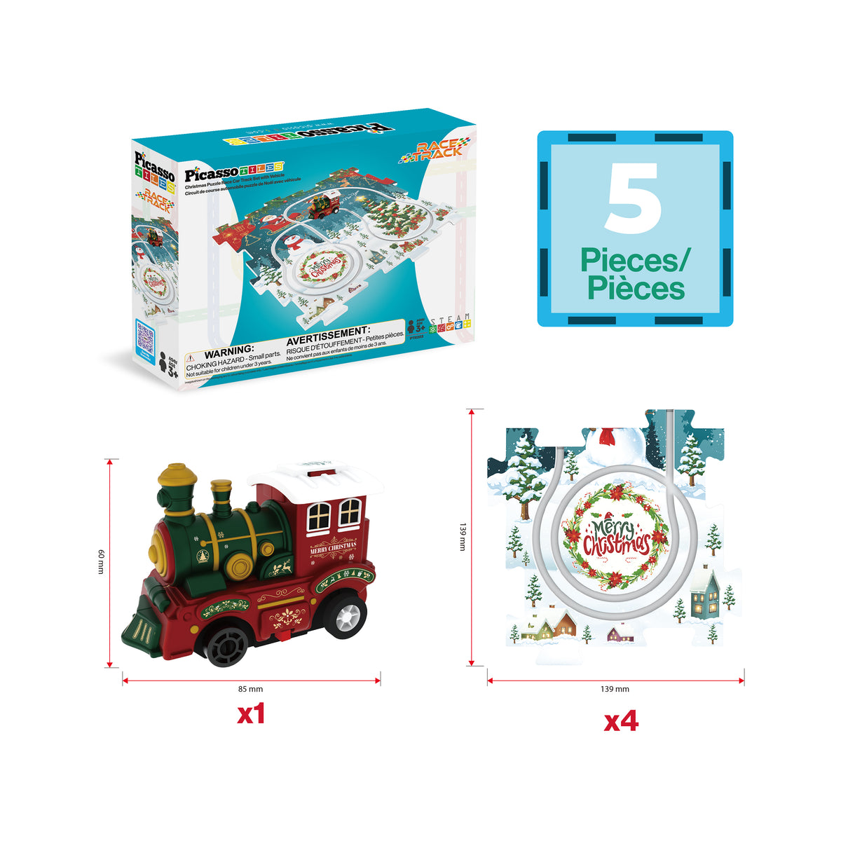 PicassoTiles 5-piece Christmas train set piece breakdown showing box, toy engine, and puzzle track pieces.   