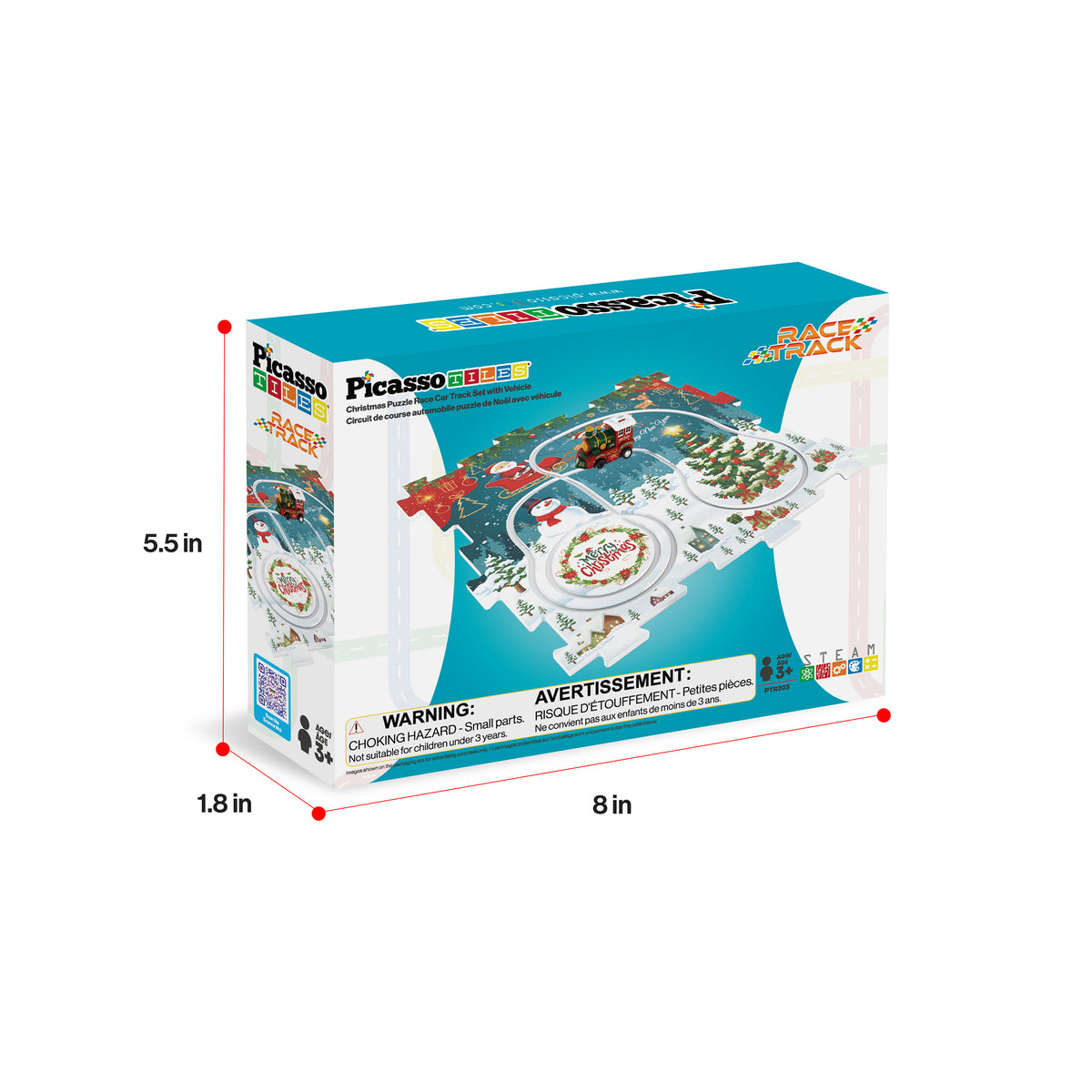 PicassoTiles Christmas train set box packaging with dimensions (8 in x 5.5 in x 1.8 in).   