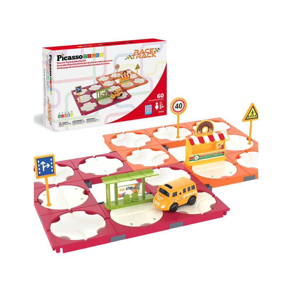 PicassoTiles 60-piece race track set showing a yellow bus toy, track tiles, road signs, and product packaging box.