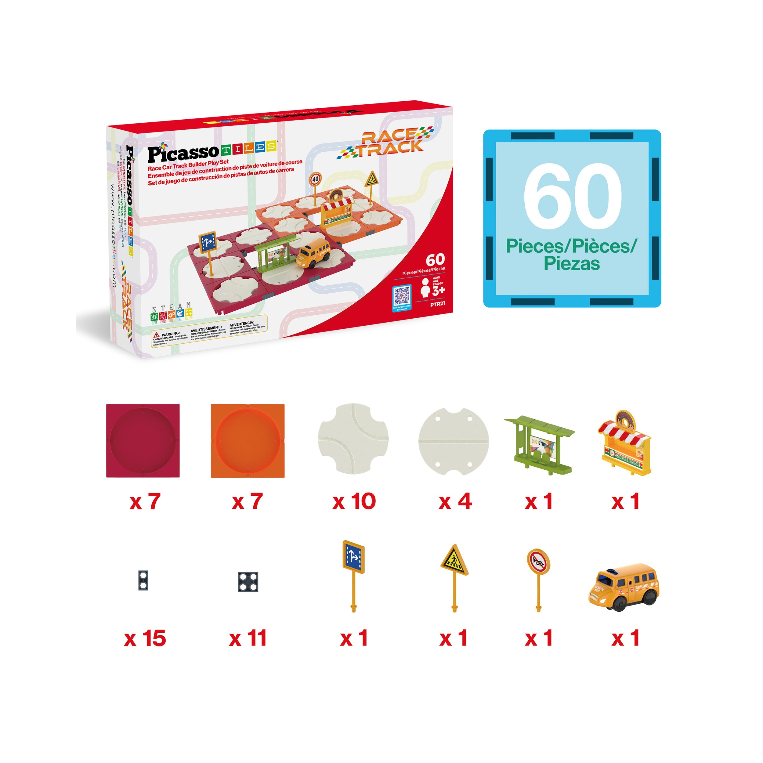 PicassoTiles 60pc Rotating Reversible Race Track Building Block Set with School Bus