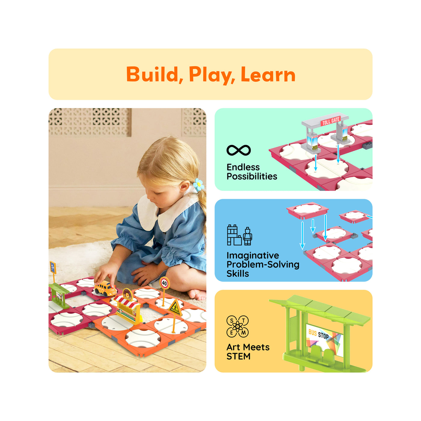 PicassoTiles 60pc Rotating Reversible Race Track Building Block Set with School Bus