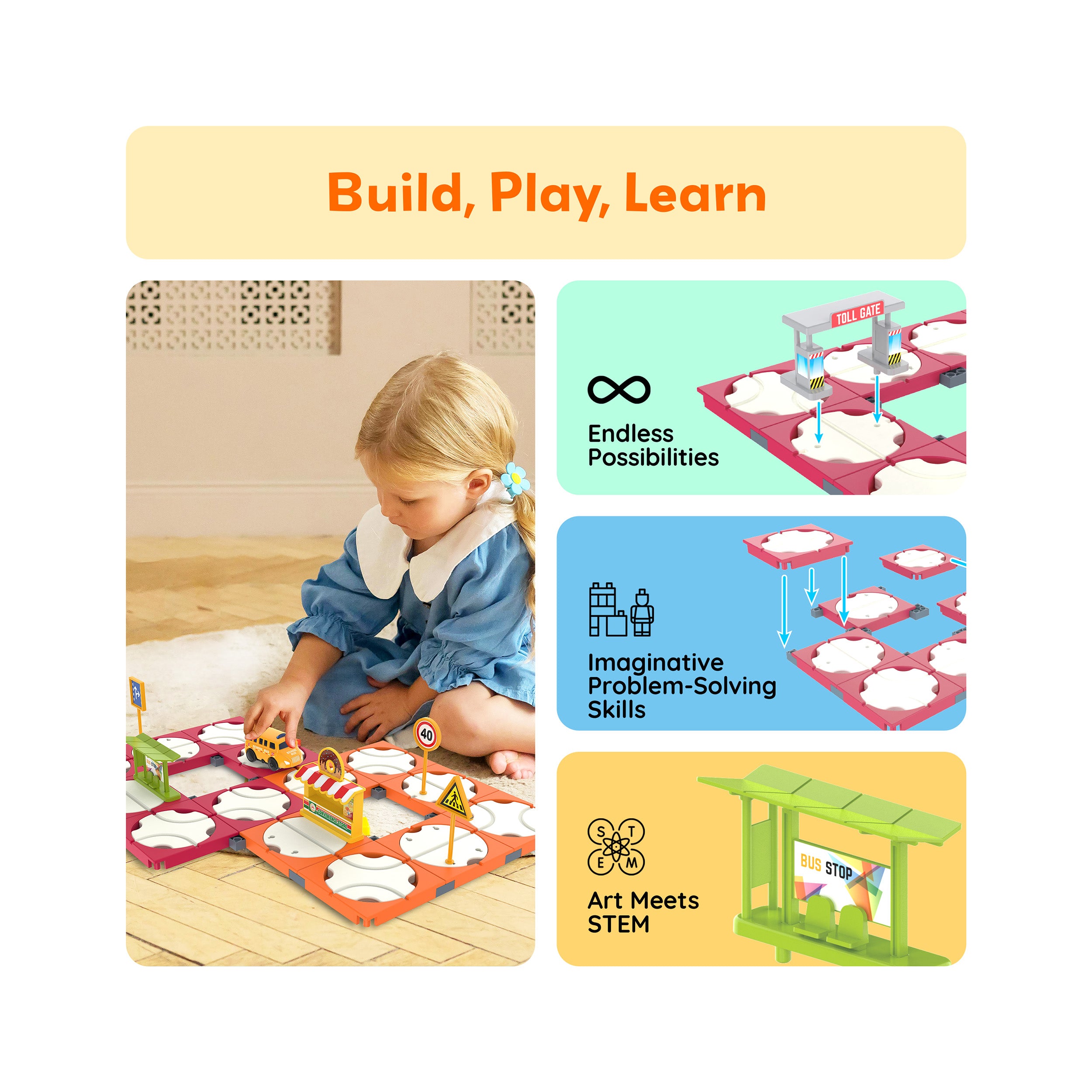 PicassoTiles 60pc Rotating Reversible Race Track Building Block Set with School Bus