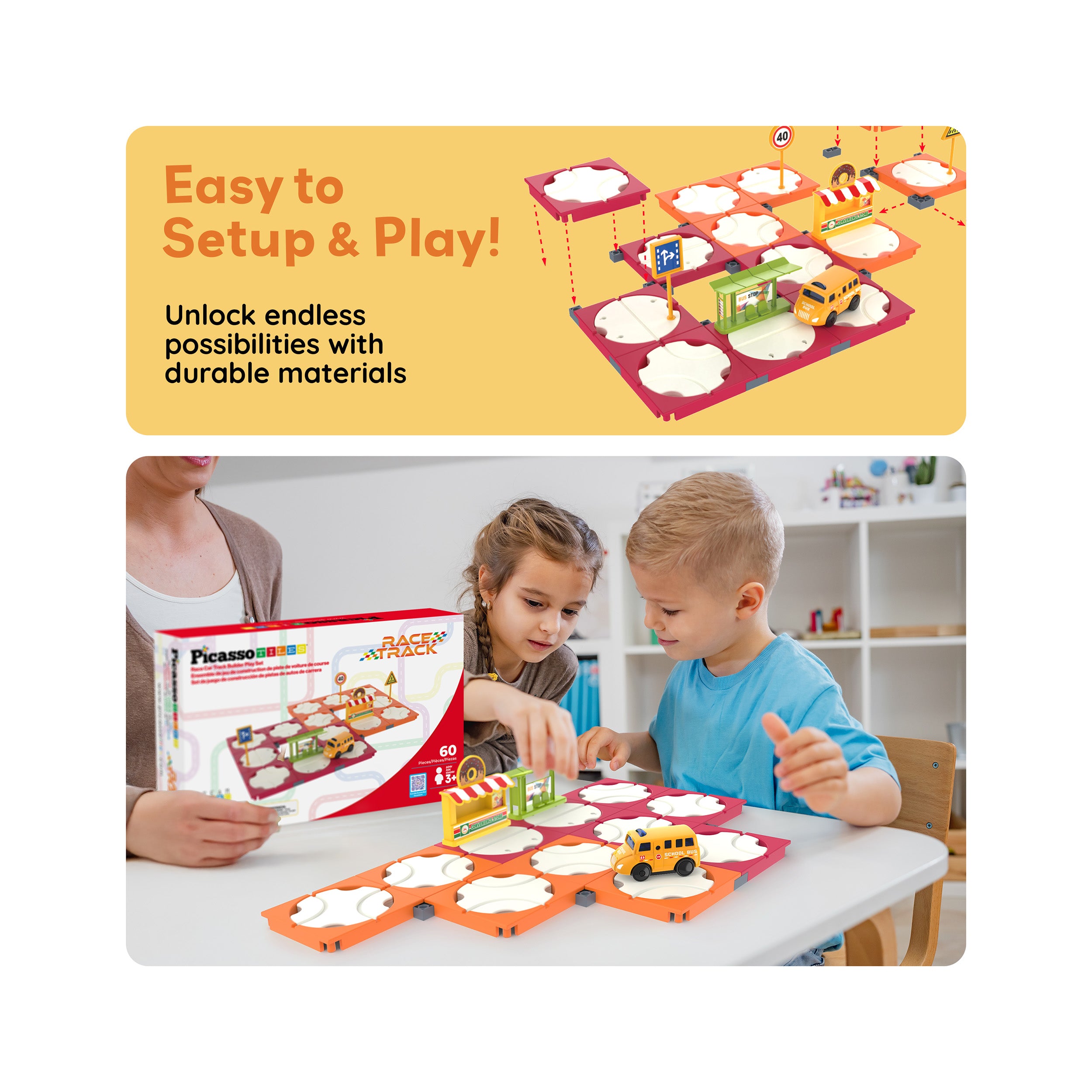 PicassoTiles 60pc Rotating Reversible Race Track Building Block Set with School Bus
