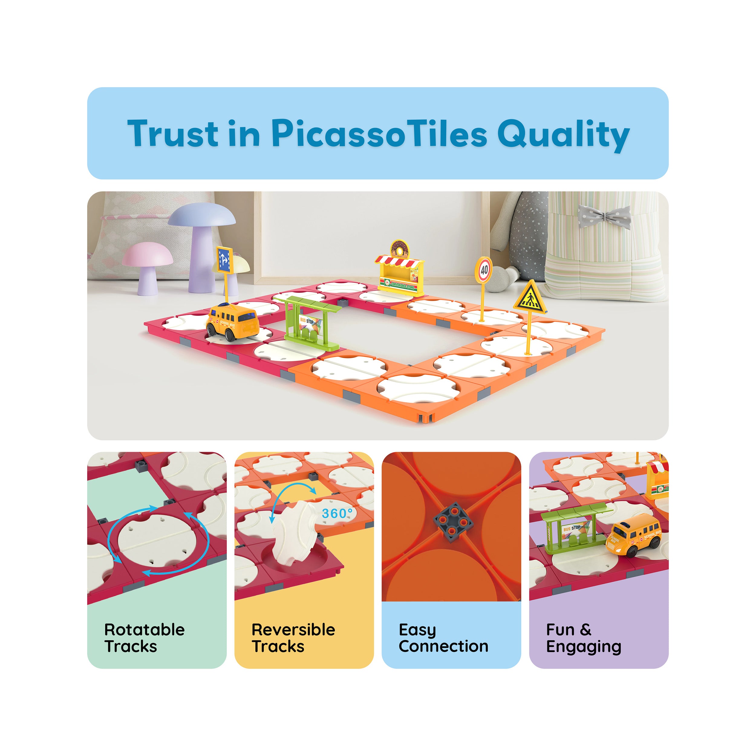 PicassoTiles 60pc Rotating Reversible Race Track Building Block Set with School Bus