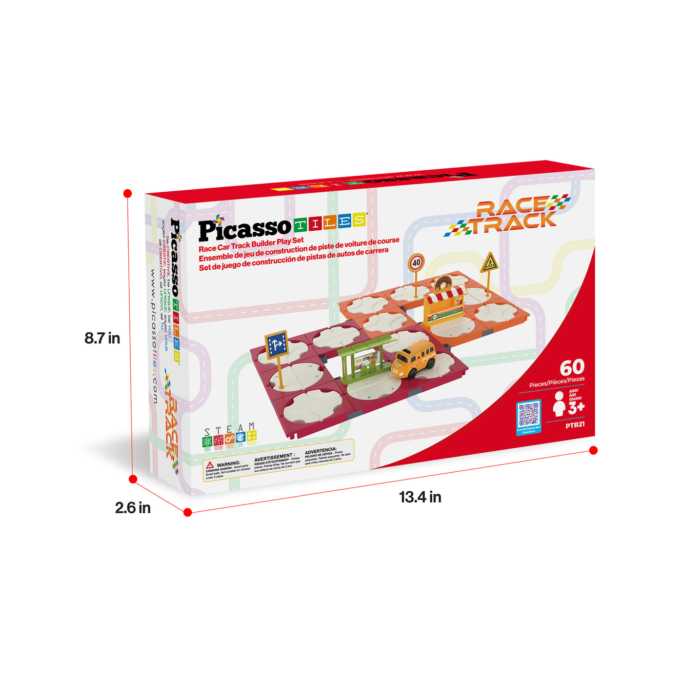 PicassoTiles 60pc Rotating Reversible Race Track Building Block Set with School Bus