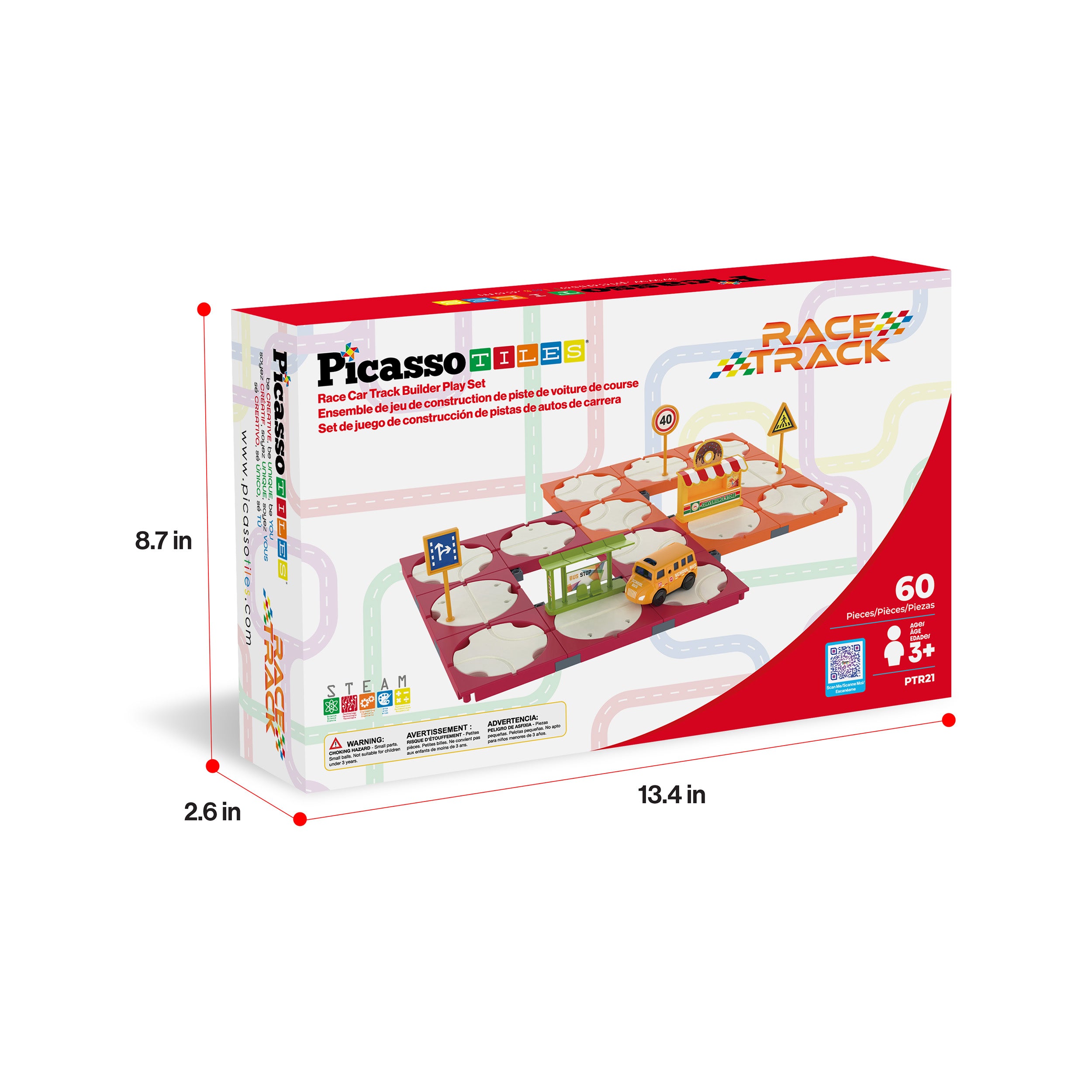 PicassoTiles 60pc Rotating Reversible Race Track Building Block Set with School Bus