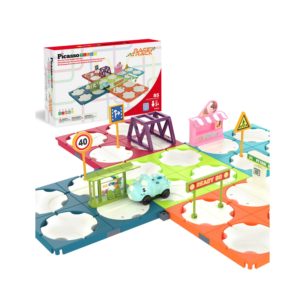 PicassoTiles Race Track playset box and assembled track with a blue dinosaur car, signs, bridges, and colorful tiles.