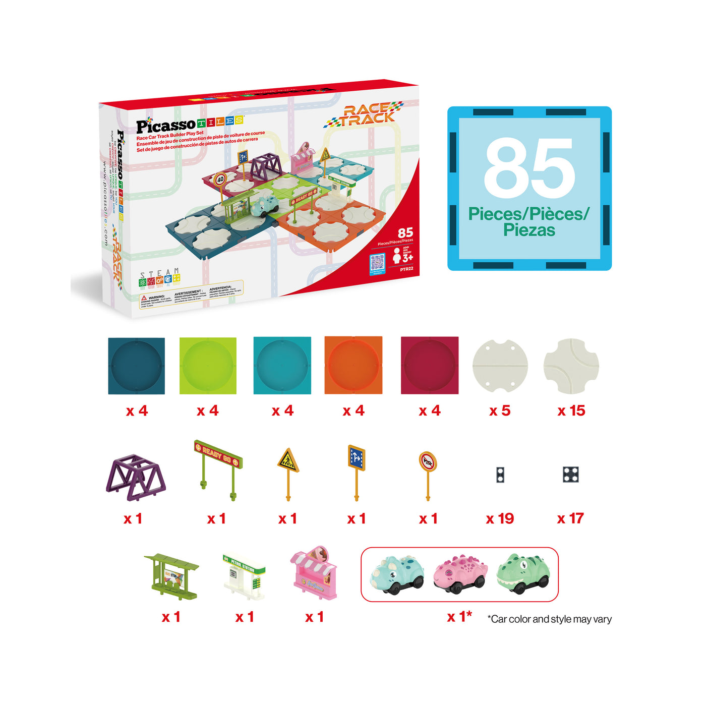 PicassoTiles 85pc Rotating Reversible Race Car Track Builder Set with Dino Vehicle