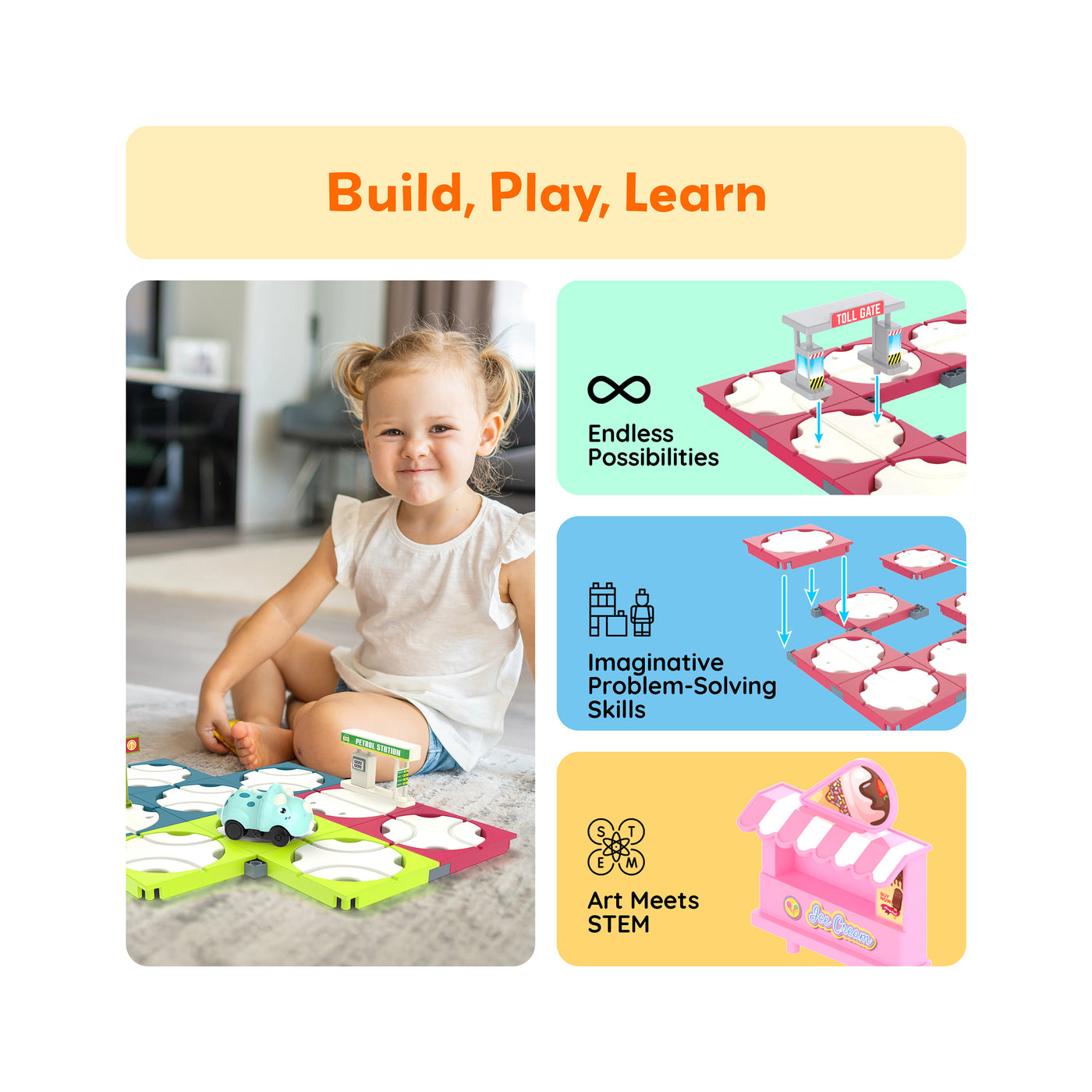 PicassoTiles 85pc Rotating Reversible Race Car Track Builder Set with Dino Vehicle