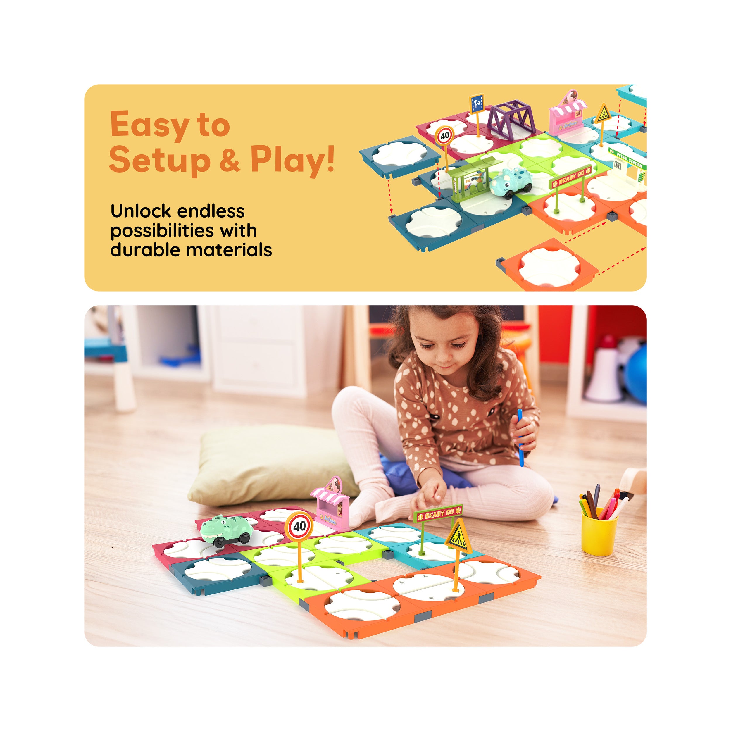 PicassoTiles 85pc Rotating Reversible Race Car Track Builder Set with Dino Vehicle
