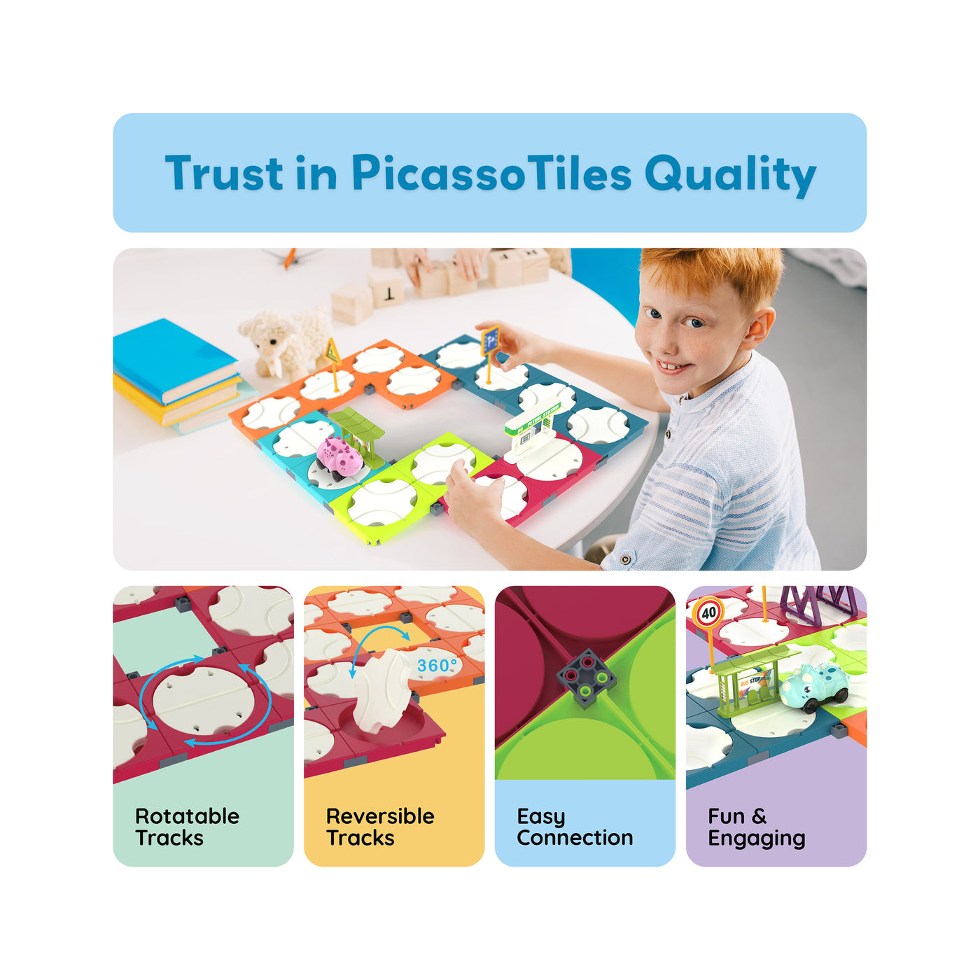 PicassoTiles 85pc Rotating Reversible Race Car Track Builder Set with Dino Vehicle