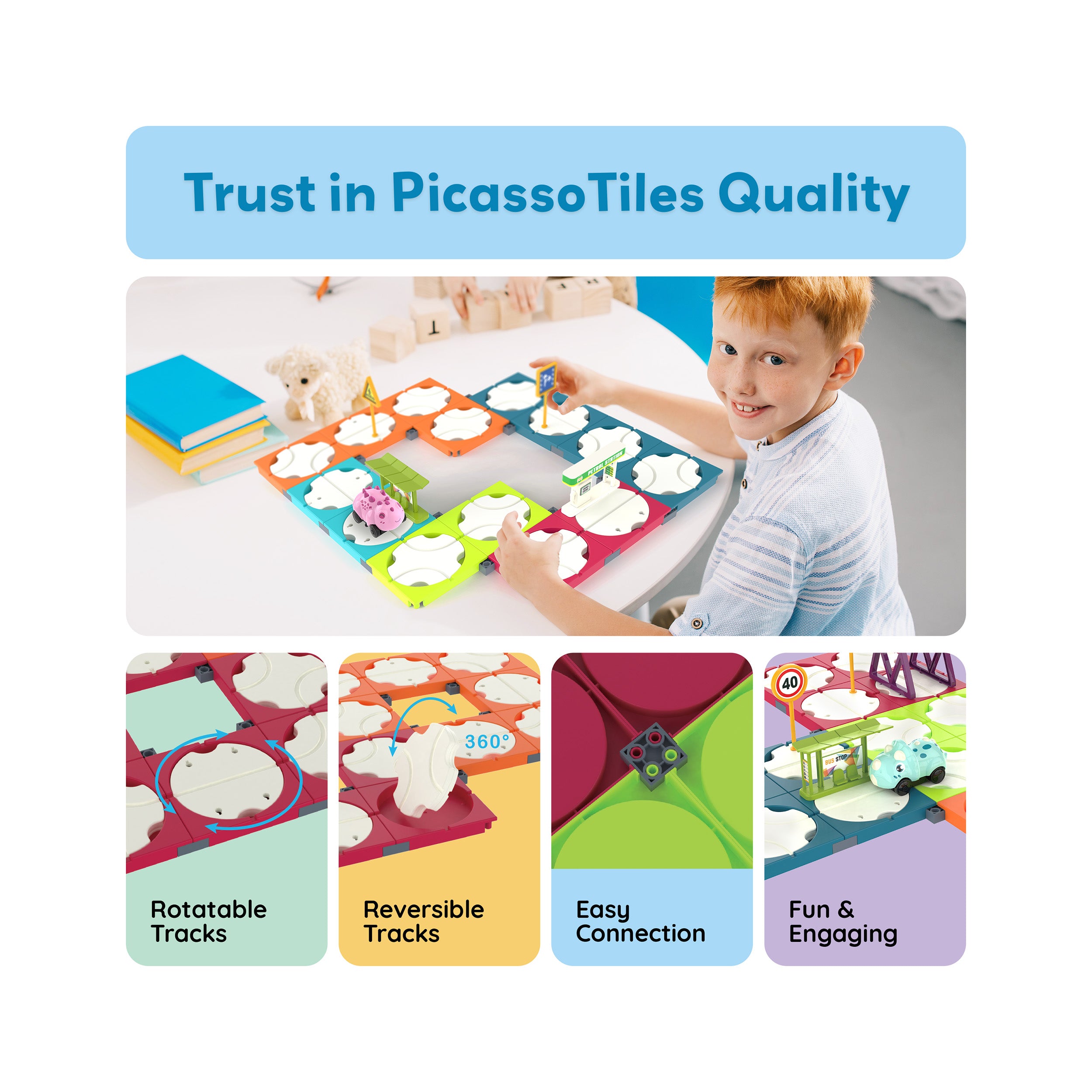 PicassoTiles 85pc Rotating Reversible Race Car Track Builder Set with Dino Vehicle