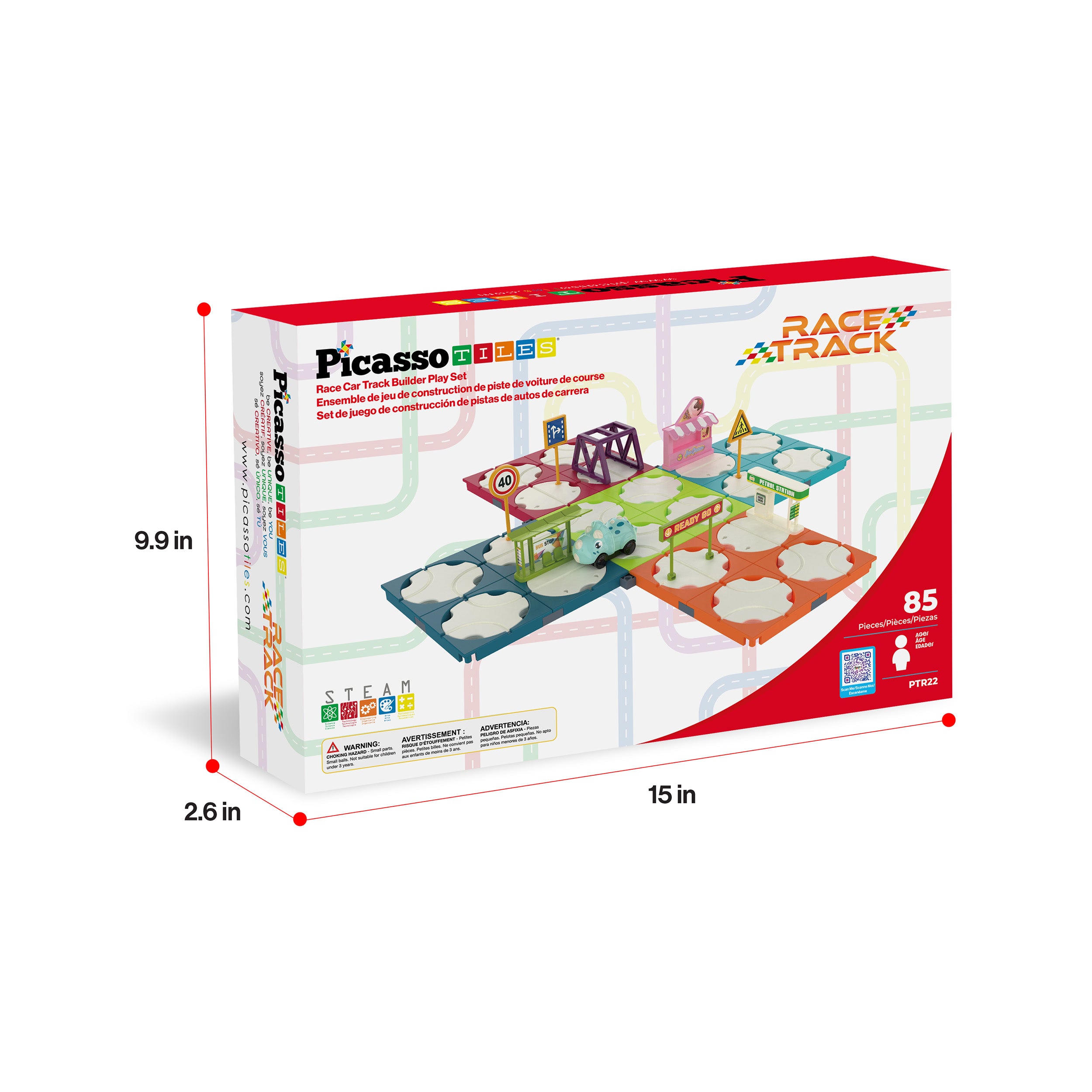 PicassoTiles 85pc Rotating Reversible Race Car Track Builder Set with Dino Vehicle