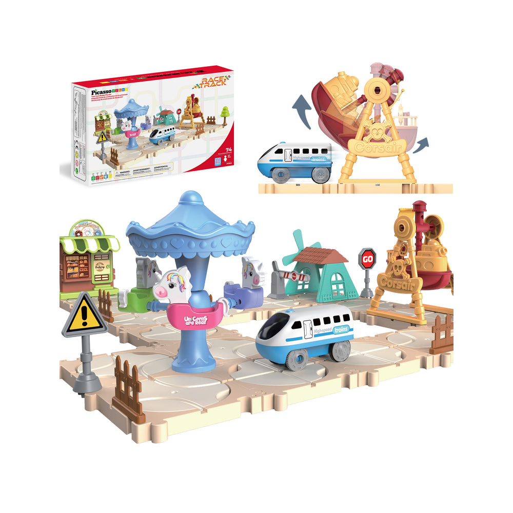 Amusement park track set featuring a train, unicorn carousel, swinging pirate ship, and product packaging.