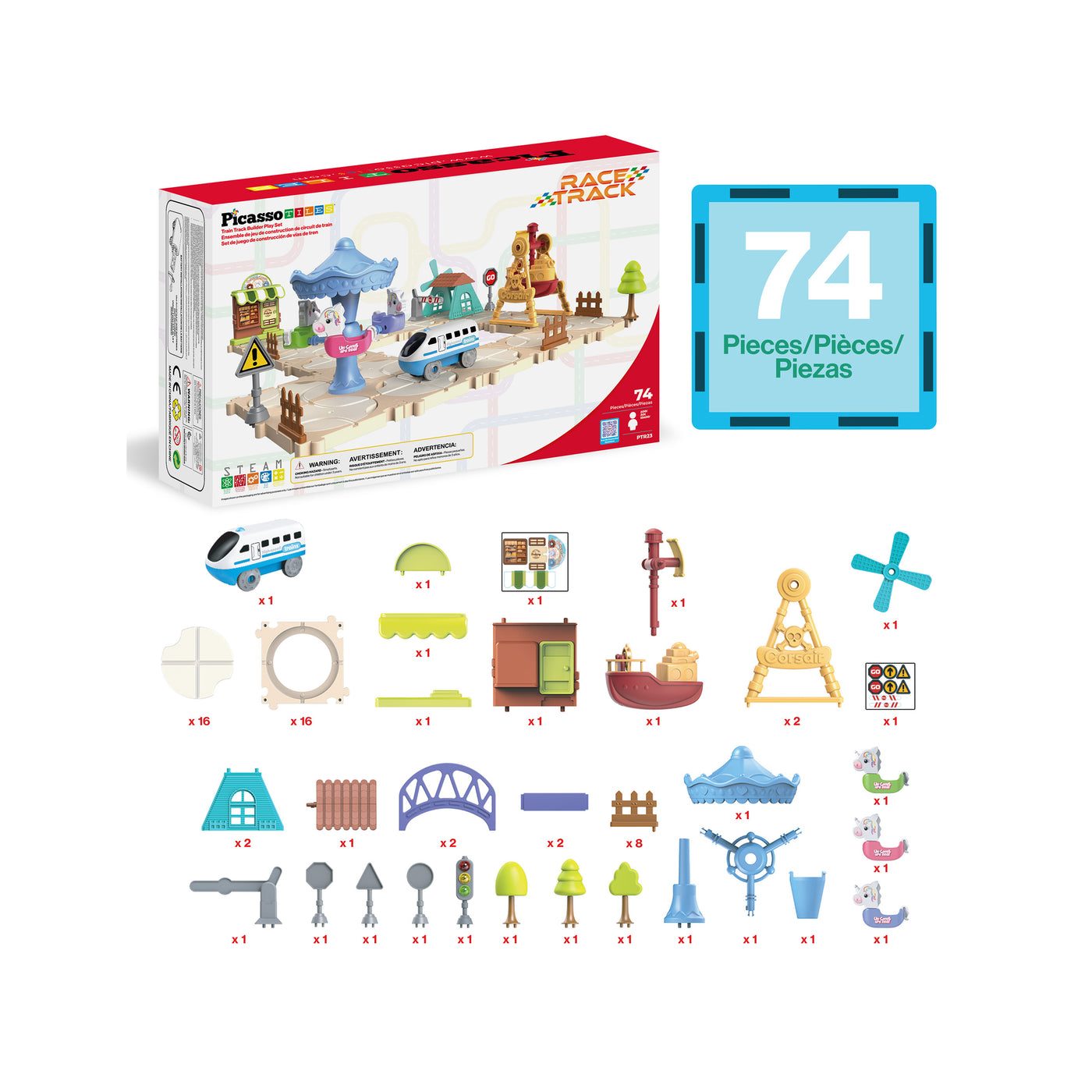 PicassoTiles 74PC Train Track Builder Set STEM Construction Toy for Kids 3+