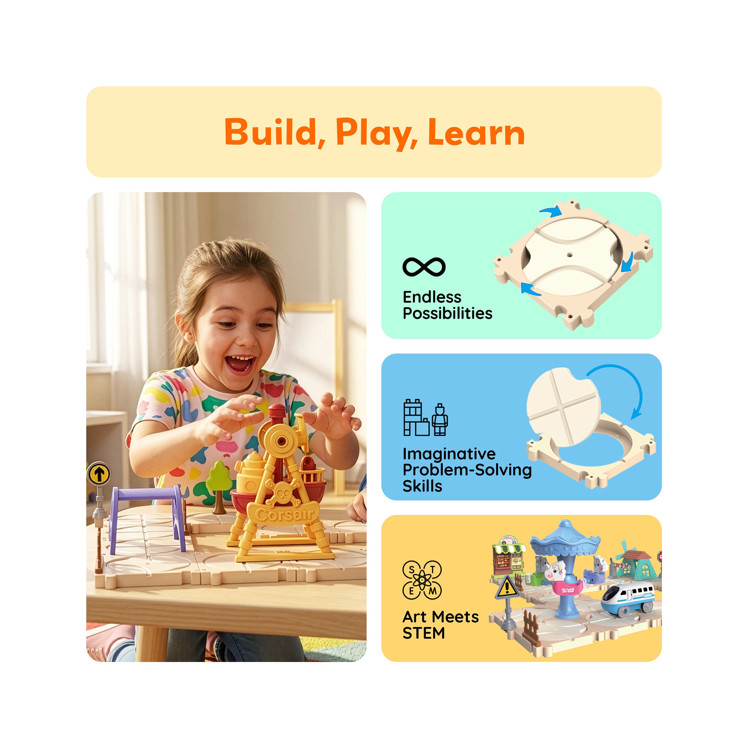 PicassoTiles 74PC Train Track Builder Set STEM Construction Toy for Kids 3+