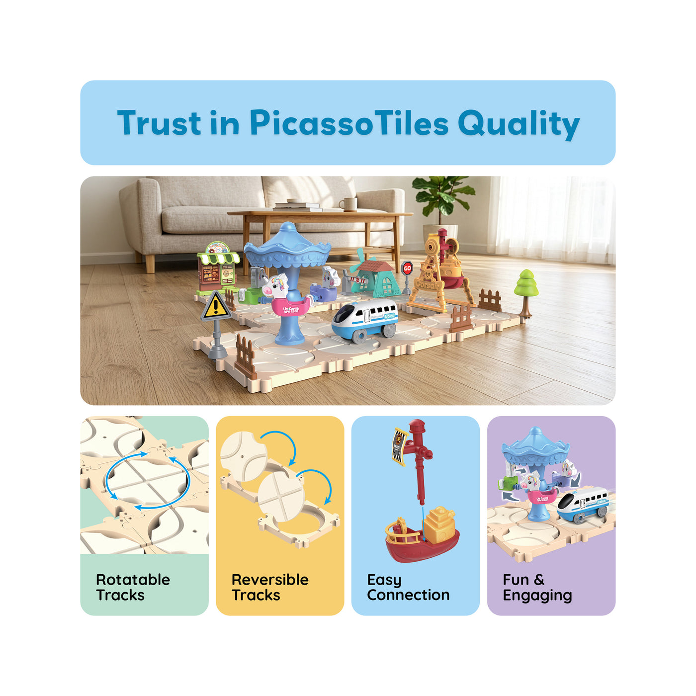 PicassoTiles 74PC Train Track Builder Set STEM Construction Toy for Kids 3+