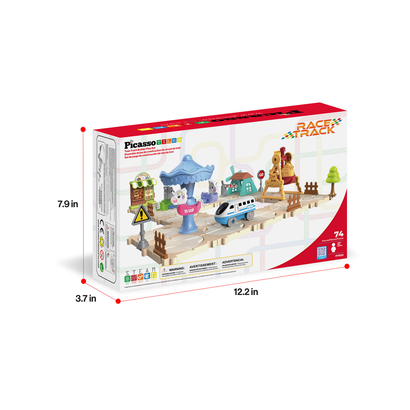 PicassoTiles 74PC Train Track Builder Set STEM Construction Toy for Kids 3+