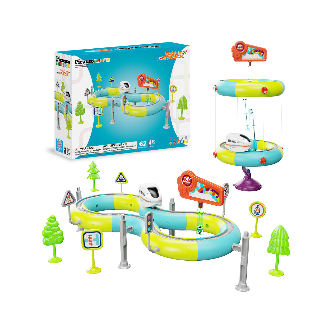 PicassoTiles 62-piece race track playset with train vehicle, accessories, track structures, and packaging box