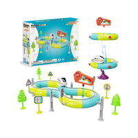 PicassoTiles 62-piece race track playset with train vehicle, accessories, track structures, and packaging box