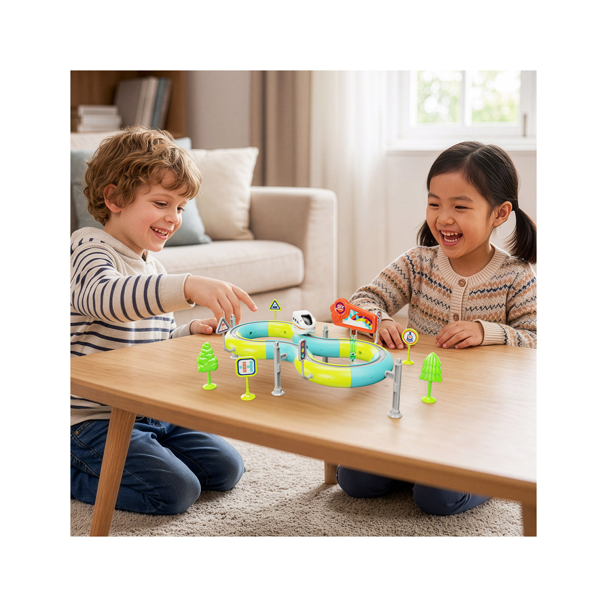 Two children smiling and playing with a toy train set on an elevated figure-8 track with signs and trees.