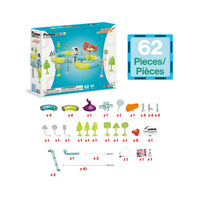 PicassoTiles 62-piece race track playset piece breakdown diagram with packaging box.
