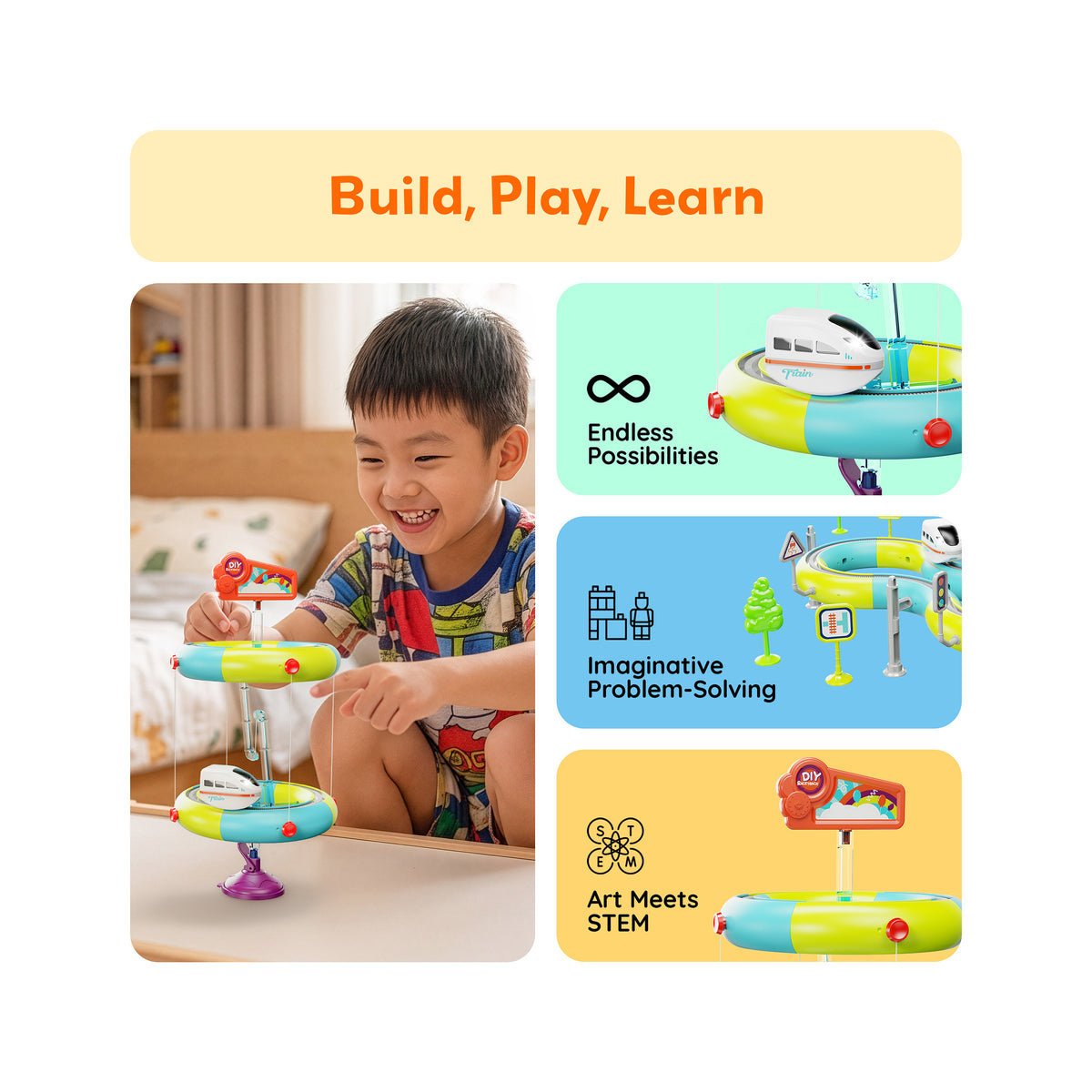 Boy playing with suspended toy train track set alongside STEM and learning benefit highlights.   