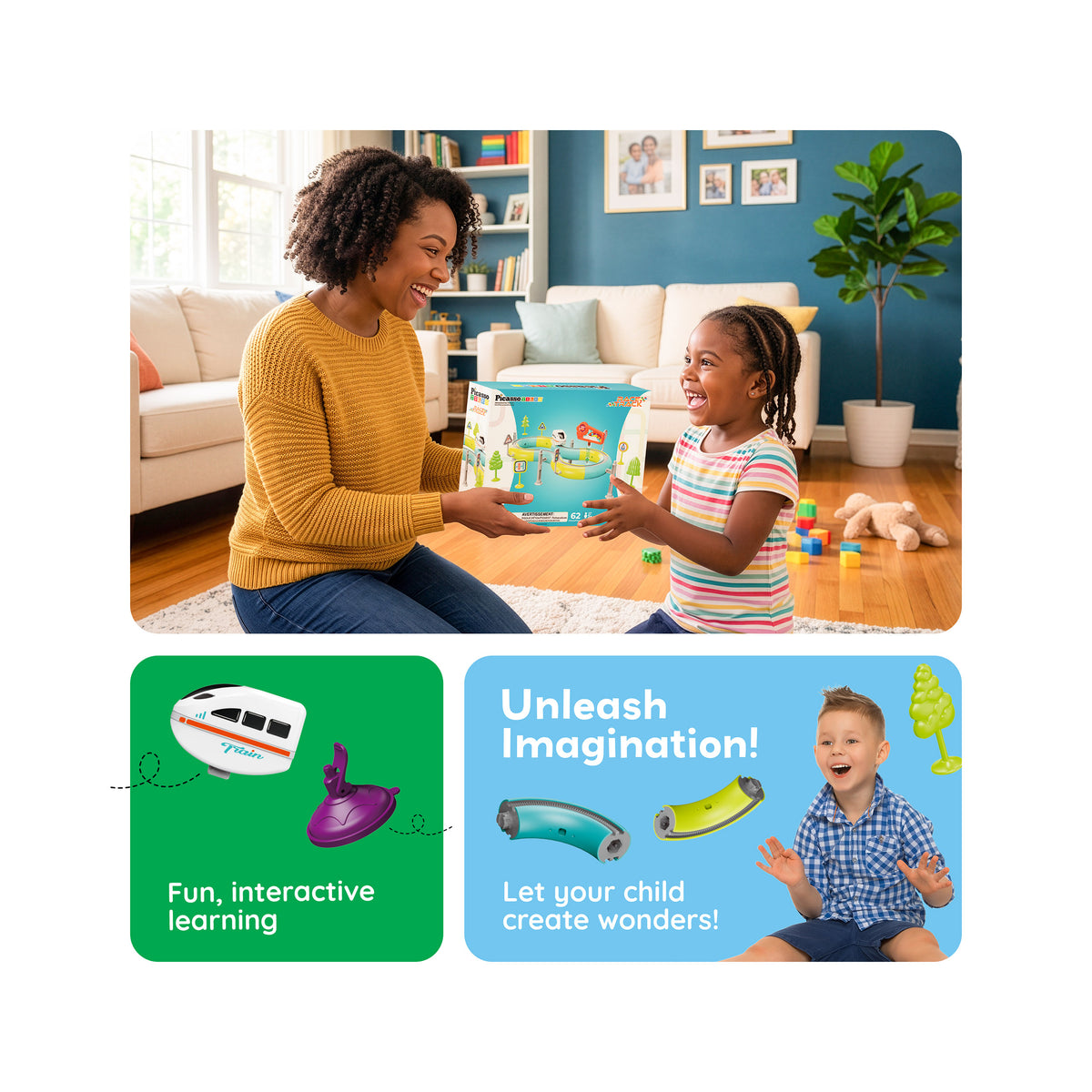 Mother gifting PicassoTiles train set box to child alongside interactive play callouts.   