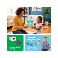 Mother gifting PicassoTiles train set box to child alongside interactive play callouts.   