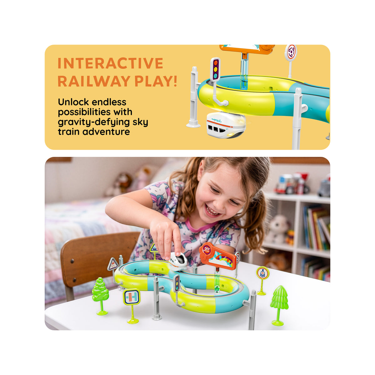 Girl playing with gravity-defying sky train track playset on tabletop alongside promotional banner.   