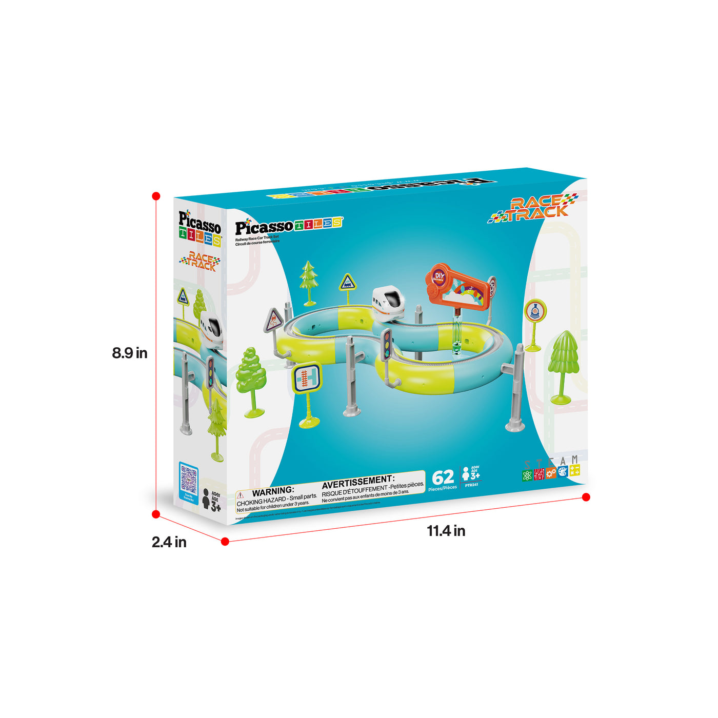 PicassoTiles 62-piece race track playset box with product dimensions (8.9 in x 11.4 in x 2.4 in)