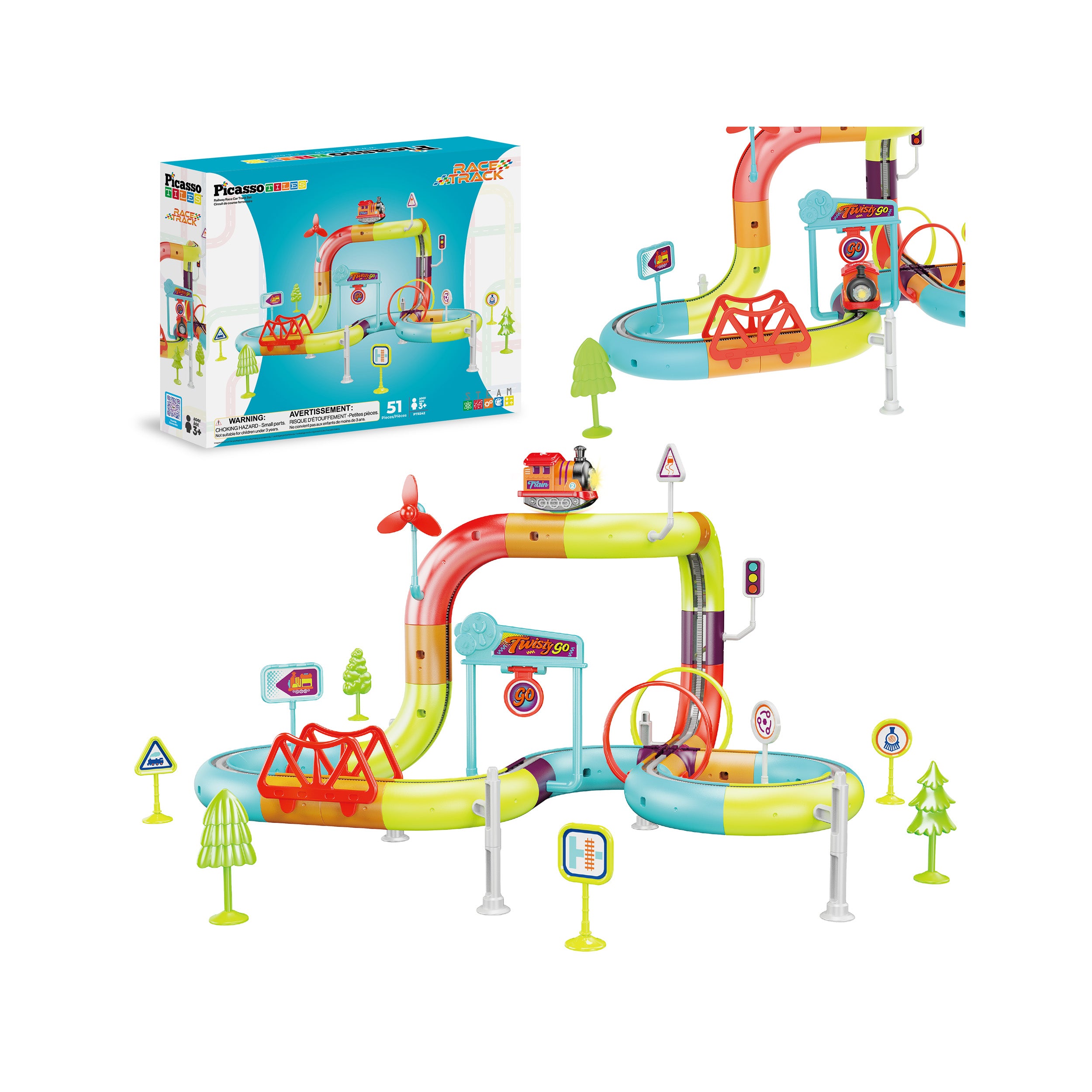 PicassoTiles tubular race track train playset featuring a multi-level looping track, motorized train, bridge, road signs, and packaging box.