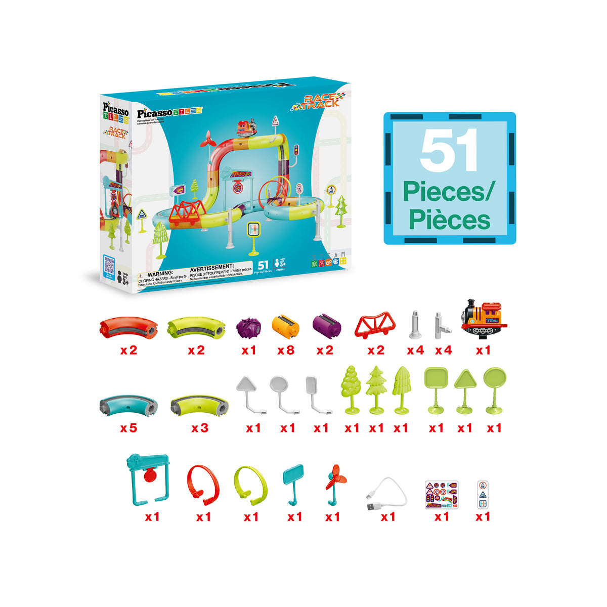 PicassoTiles 51-piece race track train playset piece breakdown diagram with packaging box.