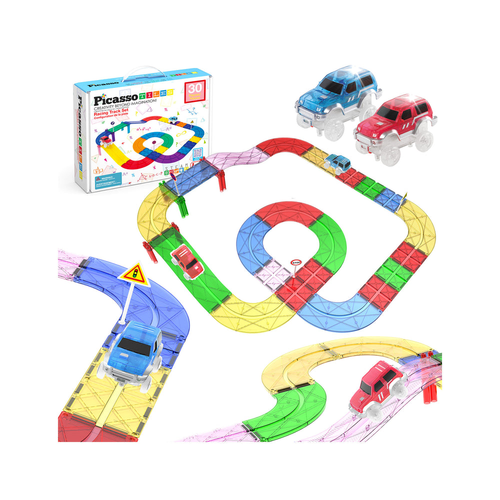 A 30-piece race track set featuring a colorful track layout, two toy cars, and the product box.