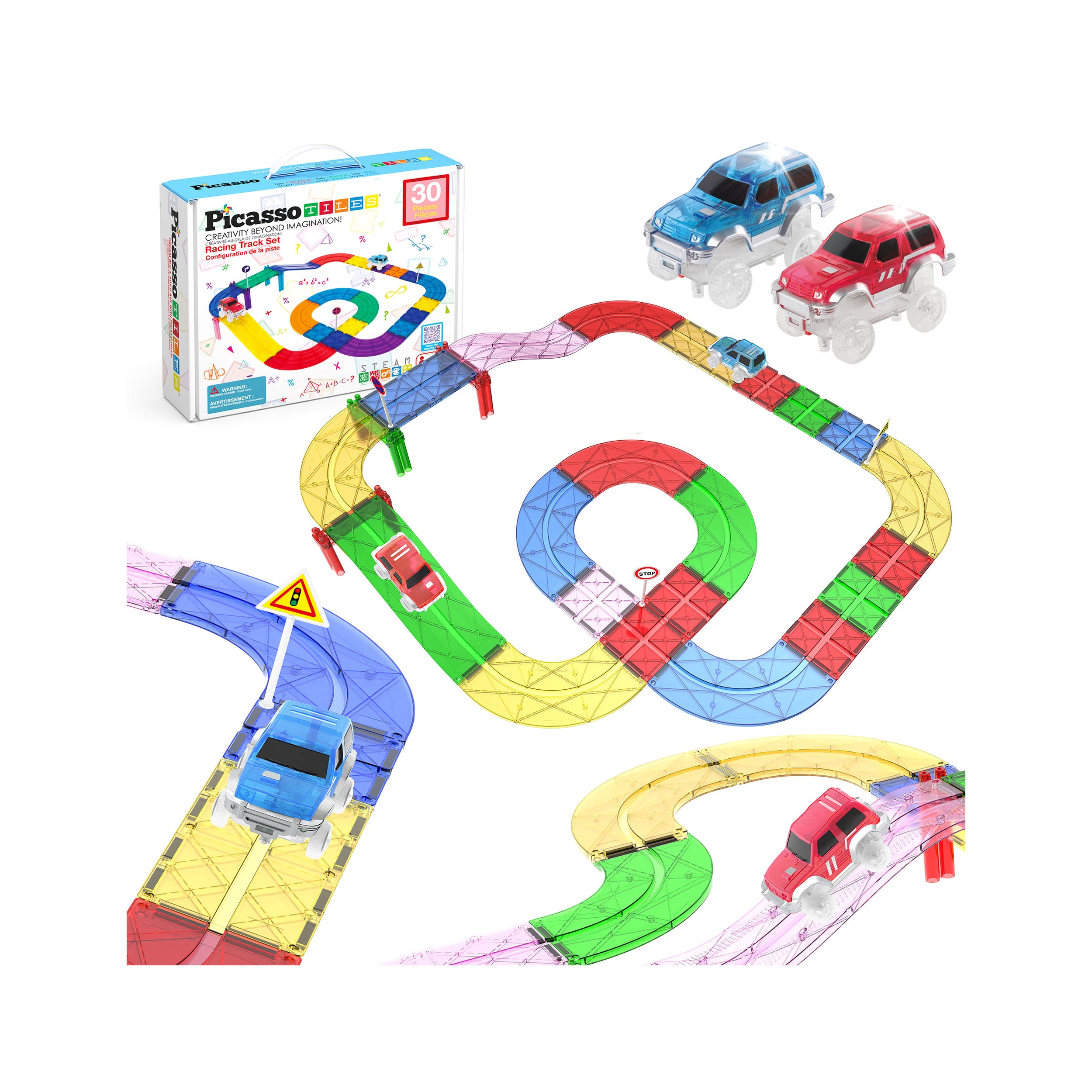 PicassoTiles Magnetic Tiles Race Track w/ Trucks and Car Set